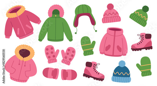 Cozy Winter Apparel Collection, Hats Gloves Jackets, Vibrant Colors Fashion Design