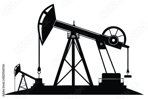 Black silhouettes of oil pumps stand against a white backdrop, emphasizing industrial extraction
