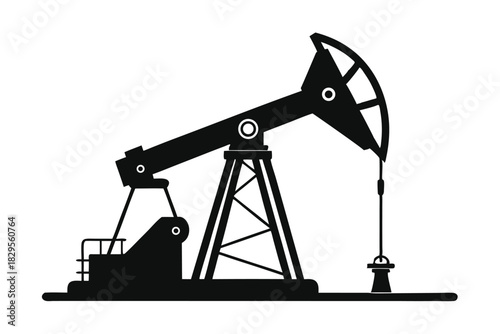 A stylized monochrome oil pump illustration shows industrial energy extraction with simple geometric forms
