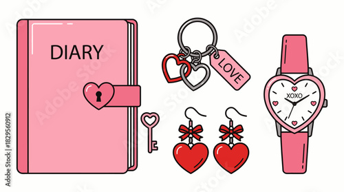 Pink Diary, Heart-Shaped Watch, Earrings, Keychain, and Key Illustration.