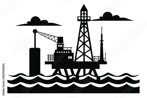 Dark silhouette shows an offshore oil platform in the ocean with clouds above it