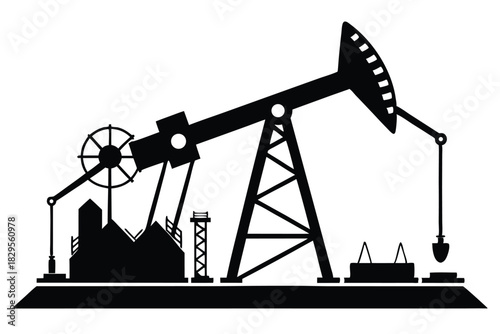 The pump jack and industrial structure creates a bold black silhouette against the white landscape