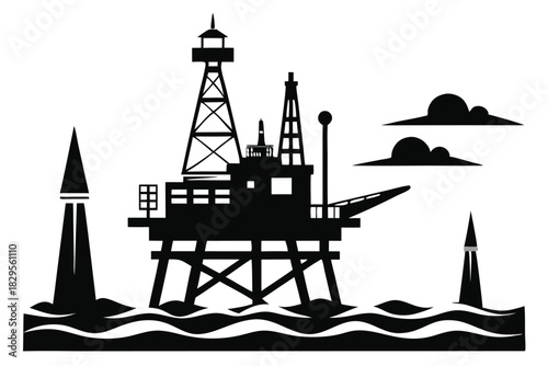 A striking black silhouette shows an offshore oil rig in a choppy ocean under clouds