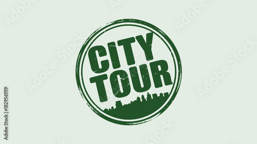 A green city tour stamp with a cityscape silhouette inside a circular border on a plain background