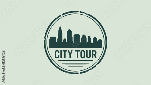City tour logo with a skyline silhouette inside a distressed circle on a light background color