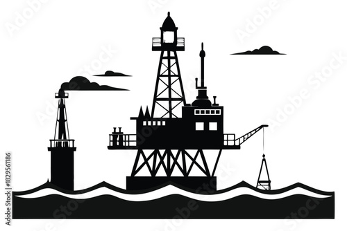 Black silhouette depicts offshore oil rig platform, tower, and waves against the white background
