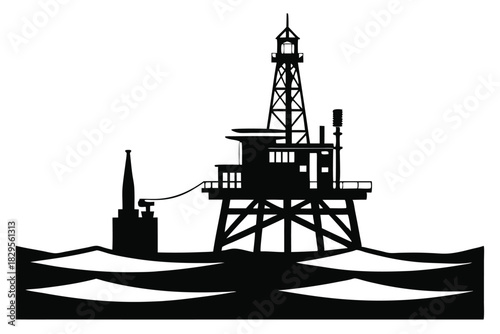 Oil platform silhouette stands boldly amid ocean waves, connected to smaller rig by cable