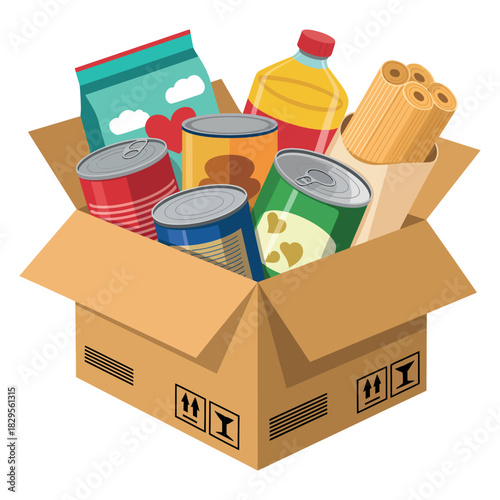 Donation box filled with canned goods and food staples vector illustration