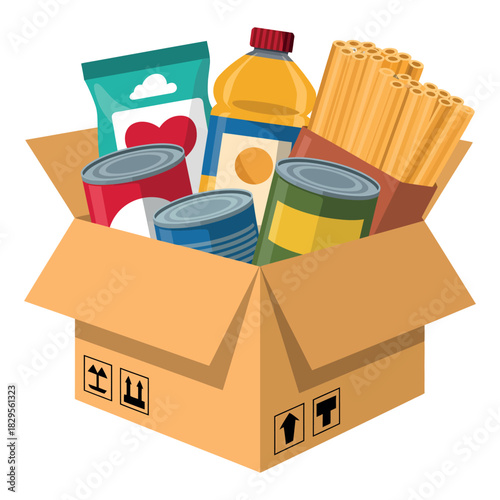 Donation Box Filled, Canned Goods Food Staples, Charity Support Vector Illustration