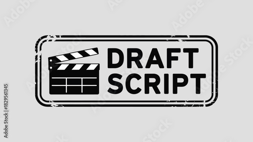 A draft script stamp with a movie clapperboard inside a rounded rectangle and on a light gray background