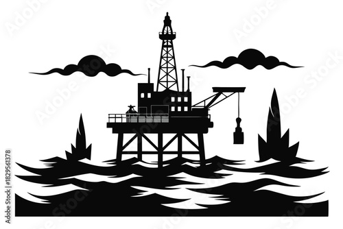 Silhouette reveals an offshore oil platform in rippling water under cloudy skies