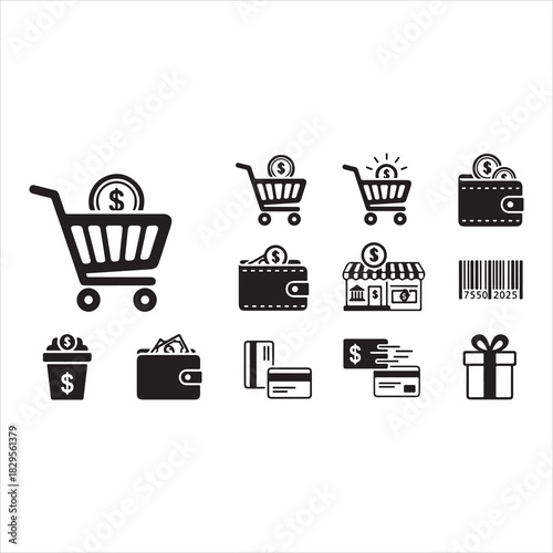 Shopping Icons Silhouette | Cart, Trolley, Wallet, Card, Store, Money, Gift, Delivery & Barcode Vector Set