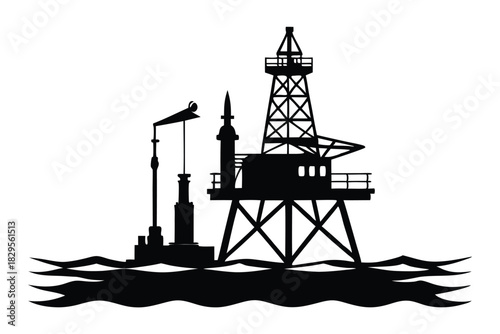 Silhouette shows a black offshore oil rig platform at sea on waving water