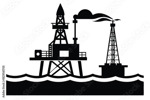 Black silhouette shows two offshore oil platforms surrounded by ocean waves against a white background