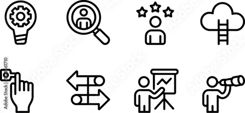 Business strategy, development, and progress line icons.