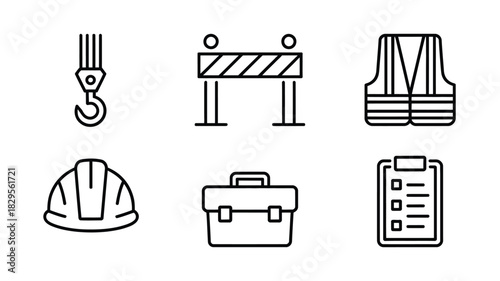 Illustration of construction site safety equipment icons arranged on a white background surface