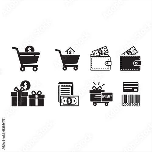 Shopping Icons Silhouette | Cart, Trolley, Wallet, Card, Store, Money, Gift, Delivery & Barcode Vector Set