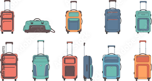 Set of Colorful Suitcases with Telescopic Handles and Wheels on White Background