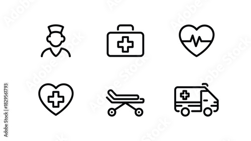 A set of six medical icons including a doctor first aid kit heart ambulance and hospital bed symbols