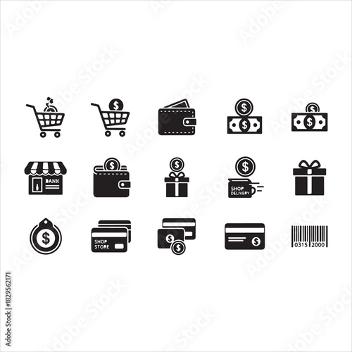 Shopping Icons Silhouette | Cart, Trolley, Wallet, Card, Store, Money, Gift, Delivery & Barcode Vector Set