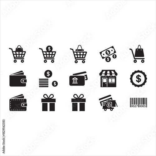 Shopping Icons Silhouette | Cart, Trolley, Wallet, Card, Store, Money, Gift, Delivery & Barcode Vector Set