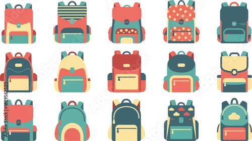 Colorful Cartoon Backpacks Set in Bright Pastel Style for Kids and School Supplies