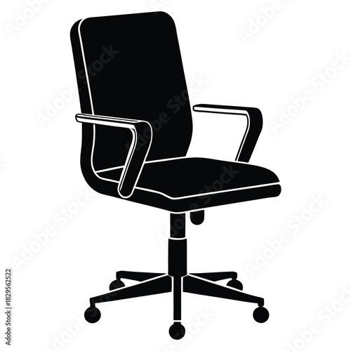 A black and white office chair features a supportive back and roller base