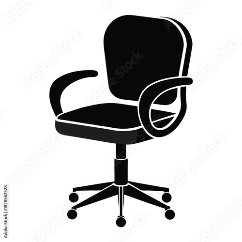 Sleek black office chair with armrests and adjustable height features prominently in the image