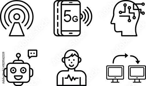 Modern technology, ai, 5g, and digital concepts line icons.