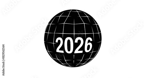 Black globe with white grid and the year 2026 in white letters.