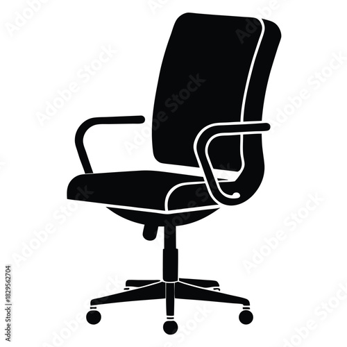 Isolated monochrome depiction presents a classic black rolling office chair with armrests on white