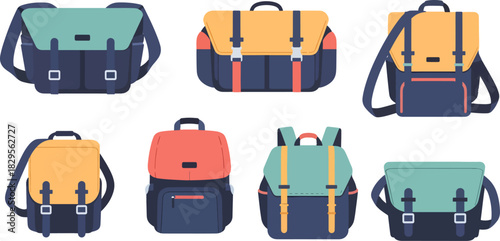 Collection of Colorful School Backpacks Set in Flat Design