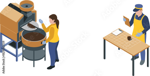 Isometric coffee processing workers inspecting roasted beans quality control drying tray production equipment food industry manufacturing illustration workplace