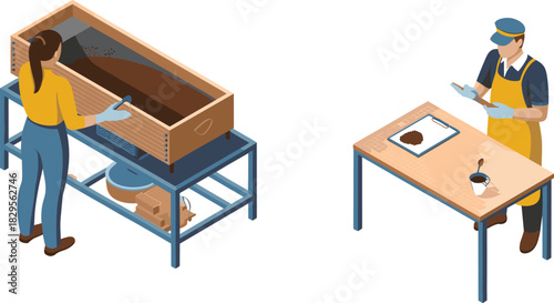 Isometric coffee processing workers inspecting roasted beans quality control drying tray production equipment food industry manufacturing illustration workplace