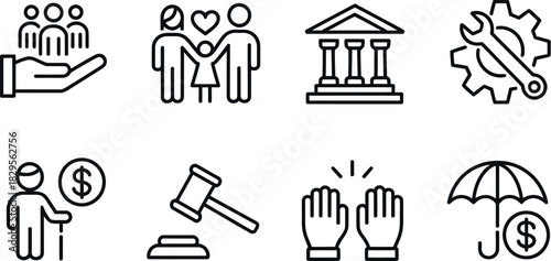 Social protection, legal aid, family, and finance icons