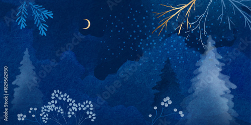 Abstract watercolor winter night background. Elegant artistic Christmas watercolor drawing with winter plants, twigs, fir trees and a crescent moon. Beautiful watercolor sketch on textured paper