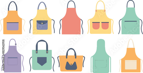 Colorful Aprons Displayed in Row for Cooking or Kitchen Use