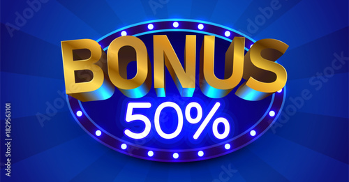 Bonus 50 percents neon sign on blue background, ideal for casino, promotions, and special offers. Vector illustration.