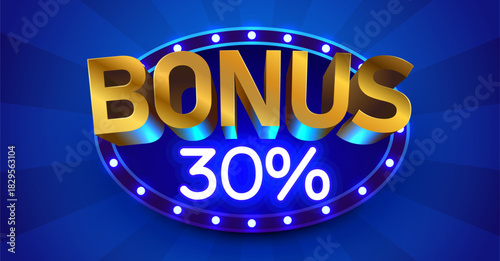 Bonus 30 percents neon sign on blue background, ideal for casino, promotions, and special offers. Vector illustration.