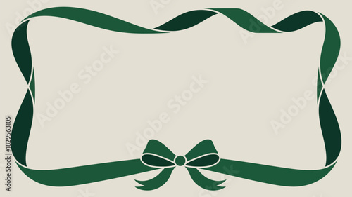 A decorative frame with a green ribbon border and a bow at the bottom against a beige background