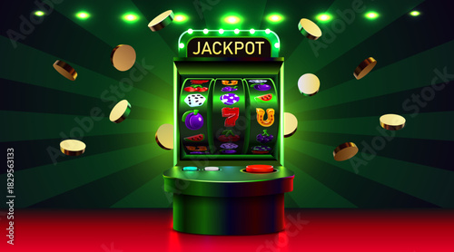 Vibrant slot machine with JACKPOT sign and falling golden coins, perfect for casino success themes. Vector illustration