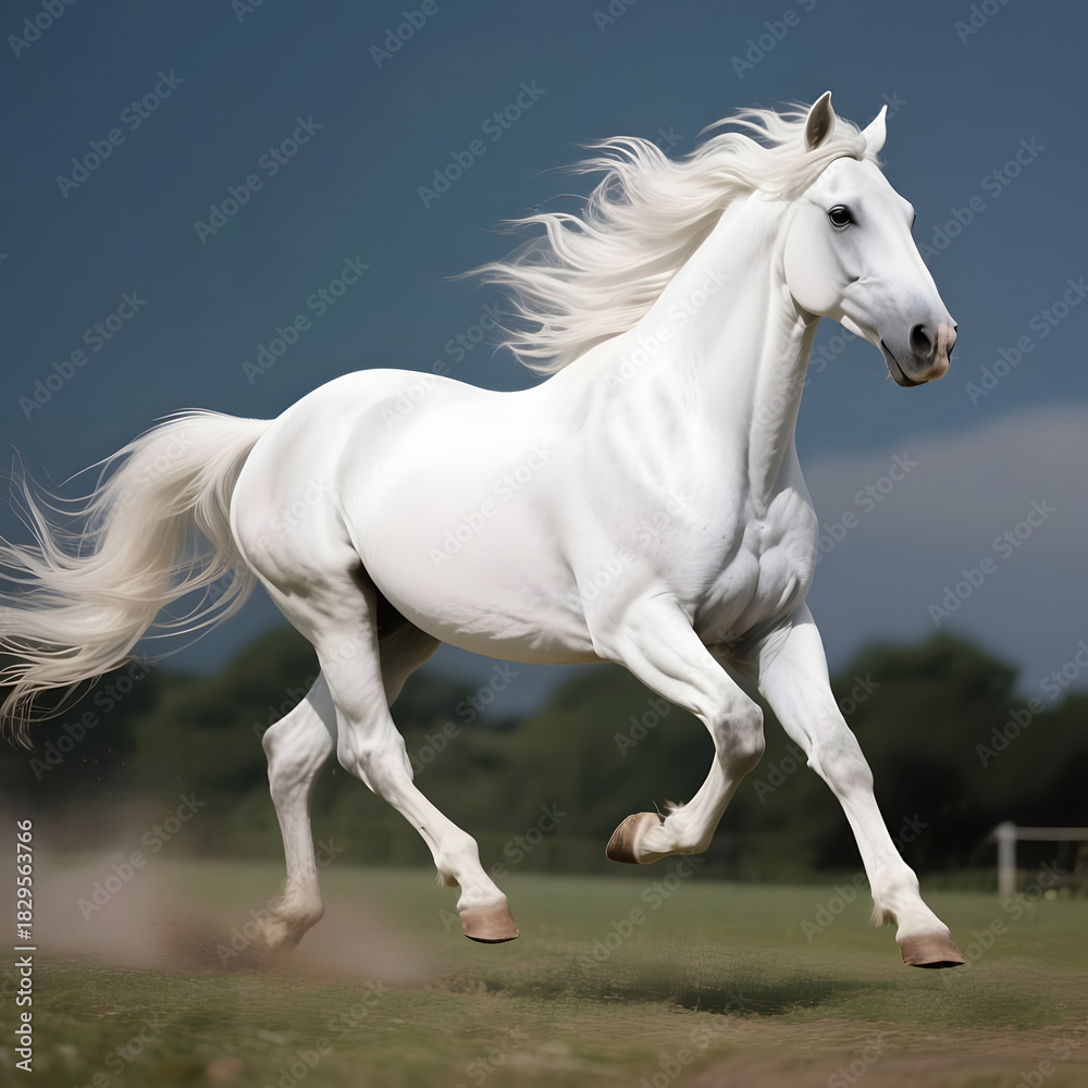 Obraz premium White horse running gracefully across a field under a blue sky