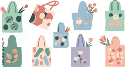 Colorful Floral Pattern Tote Bags Set in Bright Soft Tones for Spring Summer Shopping