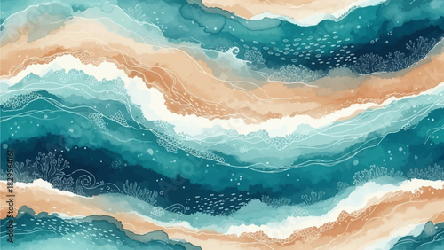 A tranquil digital illustration showcasing a seamless background with soft, ocean-inspired watercolor washes in deep teal, sandy beige, and foamy white. 