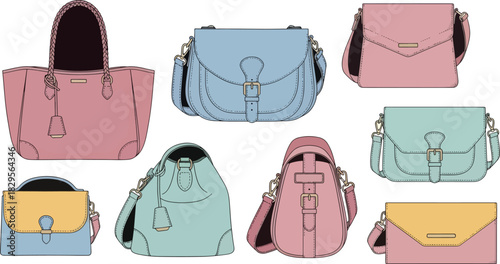 Collection of pastel colored handbags and purses in various styles
