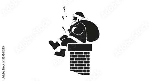 Silhouette of Santa Claus sitting on a chimney with a sack of presents.