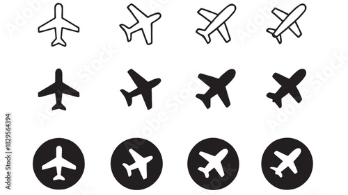 a collection of airplane icons in various styles including white outlines solid black shapes and within circles on transparent background silhouette high quality professional detailed modern