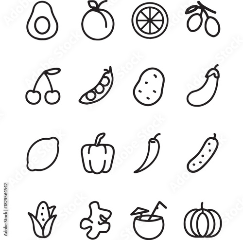 a collection of fruit and vegetable line art icons including avocado orange cherries and pumpkin on transparent background silhouette high quality professional detailed modern elegant stylish