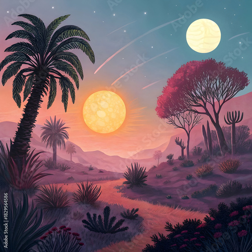 A surreal alien landscape featuring two suns and strange terrain.