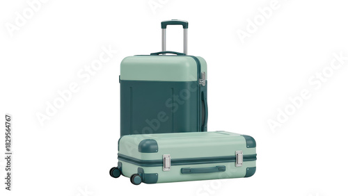 Two modern hardshell suitcases, one upright and one lying down, featuring a stylish twotone design in mint green and dark teal, isolated on transparent background
